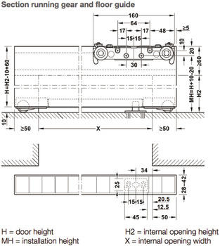 Sliding door fitting, Häfele Slido D-Line43 80M, set with running track for 1 door leaf